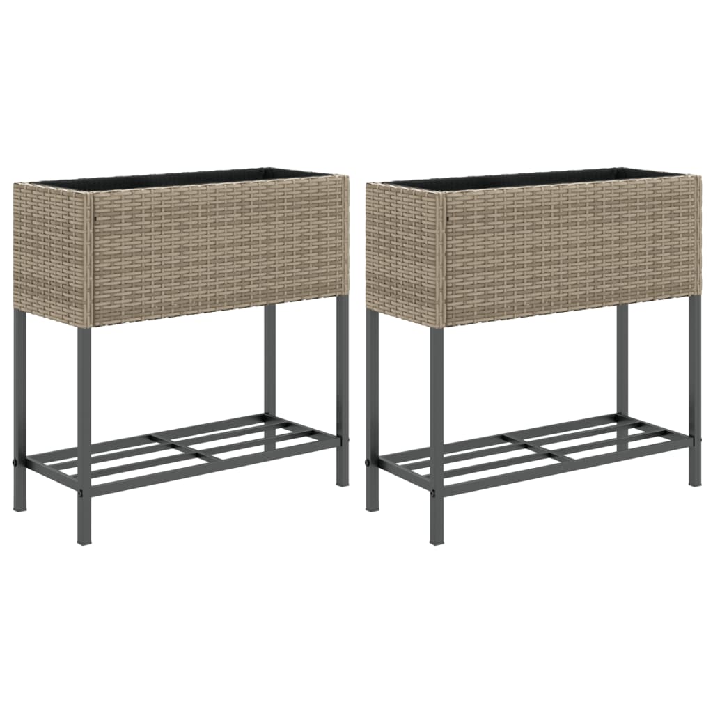 Plantenbakken met schap 2 st 70x28x70 poly rattan grijs