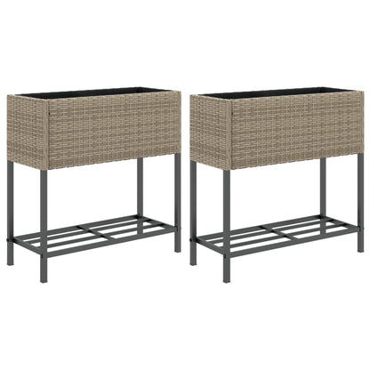 Plantenbakken met schap 2 st 70x28x70 poly rattan grijs