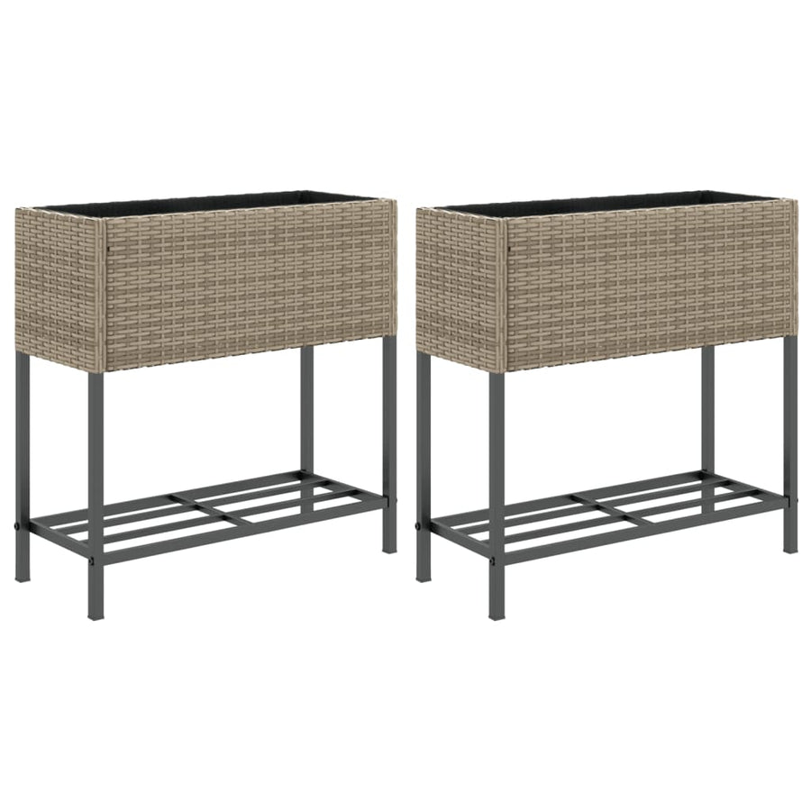 Plantenbakken met schap 2 st 70x28x70 poly rattan grijs
