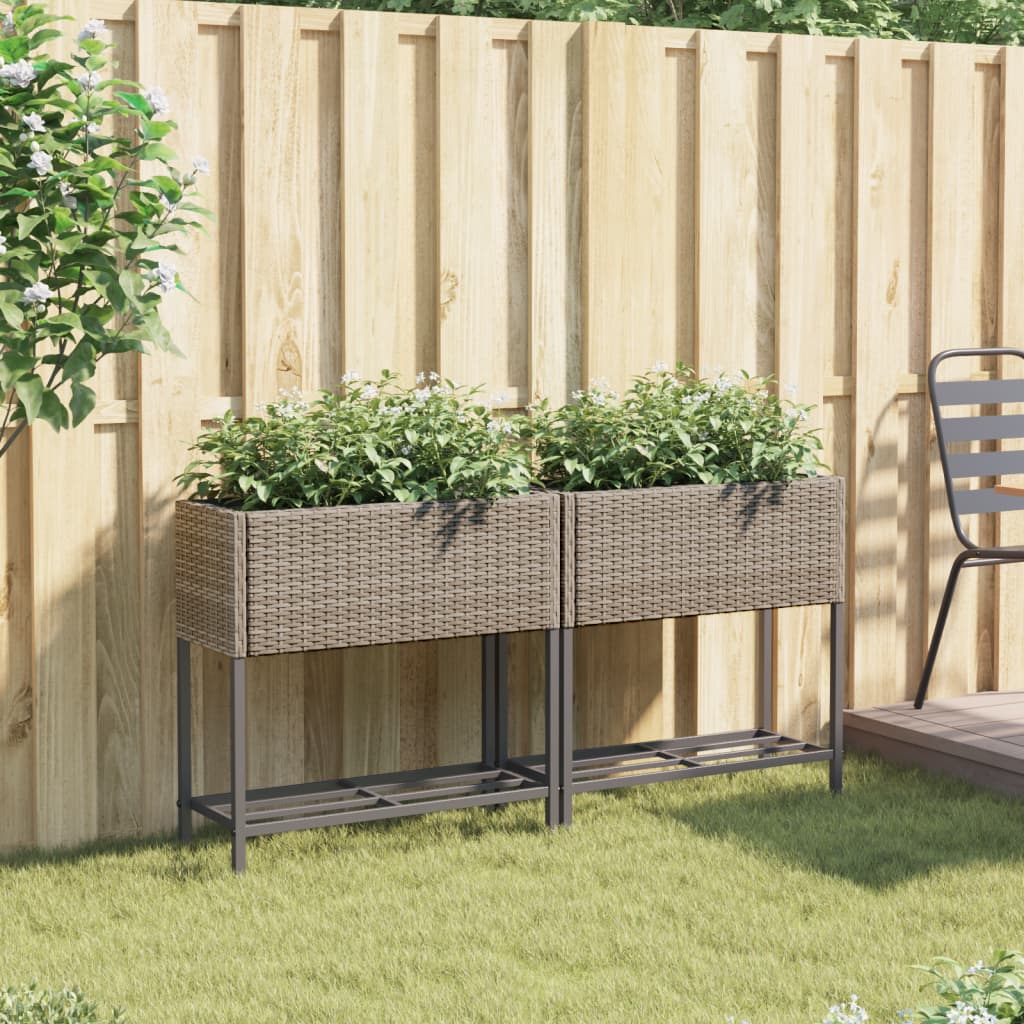 Plantenbakken met schap 2 st 70x28x70 poly rattan grijs