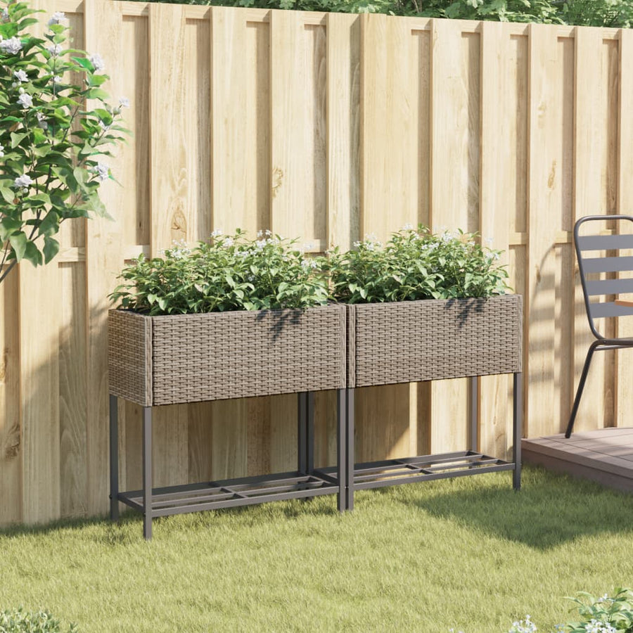 Plantenbakken met schap 2 st 70x28x70 poly rattan grijs
