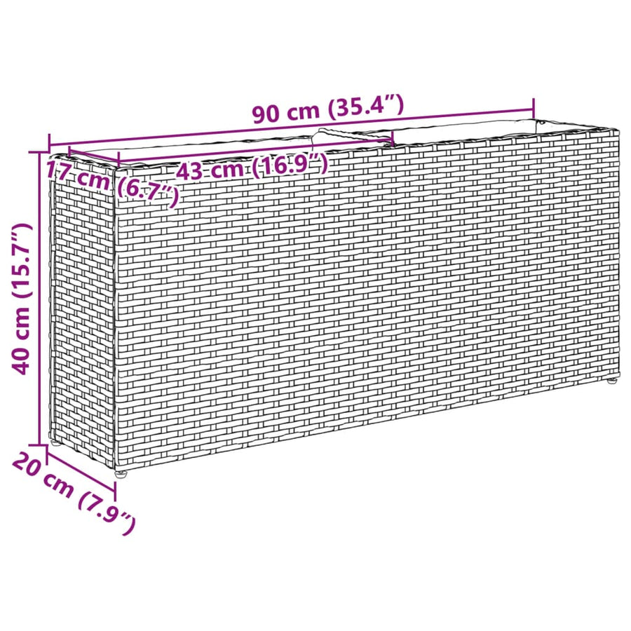 Plantenbakken met 2 potten 2 st 90x20x40 cm poly rattan grijs