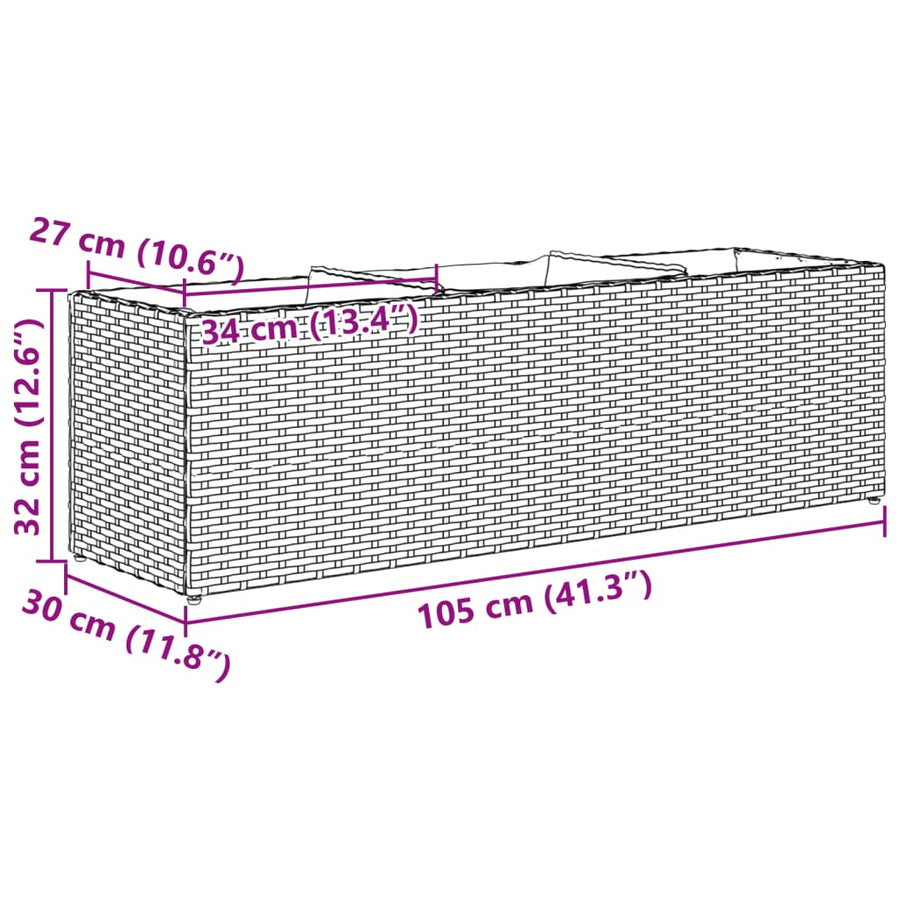 Plantenbakken met 3 potten 2 st 105x30x32 cm poly rattan zwart