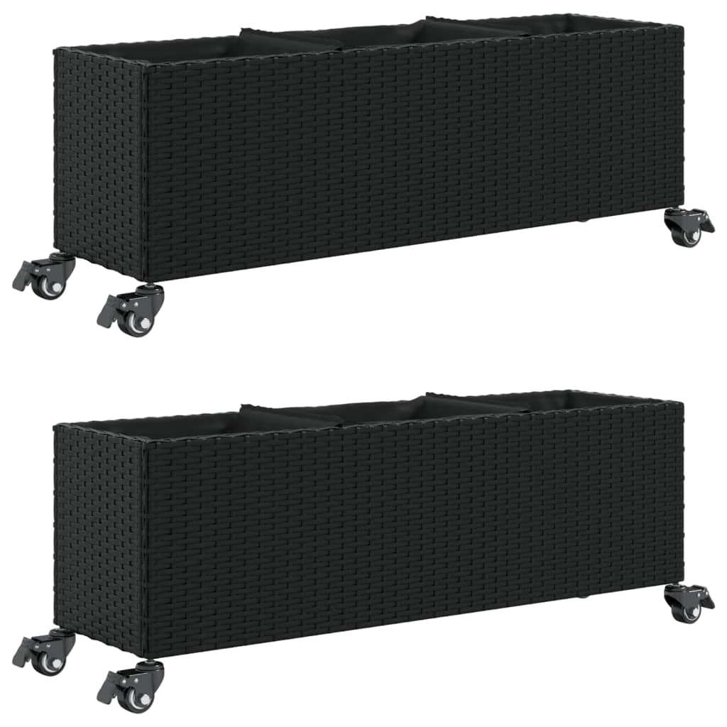 Plantenbakken met wielen 2 st 107x32x38 cm poly rattan zwart