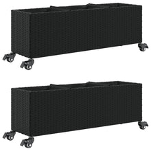 Plantenbakken met wielen 2 st 107x32x38 cm poly rattan zwart