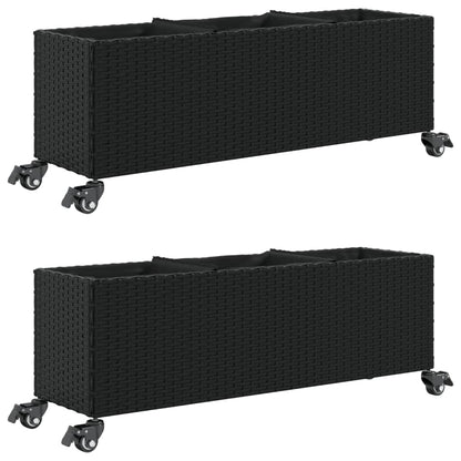 Plantenbakken met wielen 2 st 107x32x38 cm poly rattan zwart