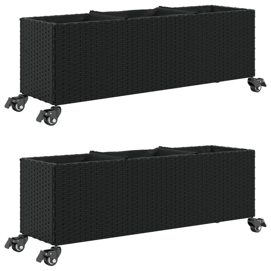 Plantenbakken met wielen 2 st 107x32x38 cm poly rattan zwart