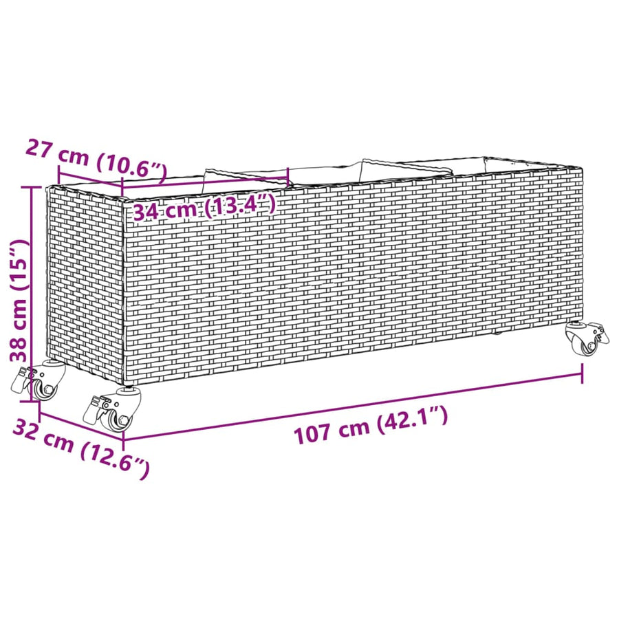 Plantenbakken met wielen 2 st 107x32x38 cm poly rattan zwart