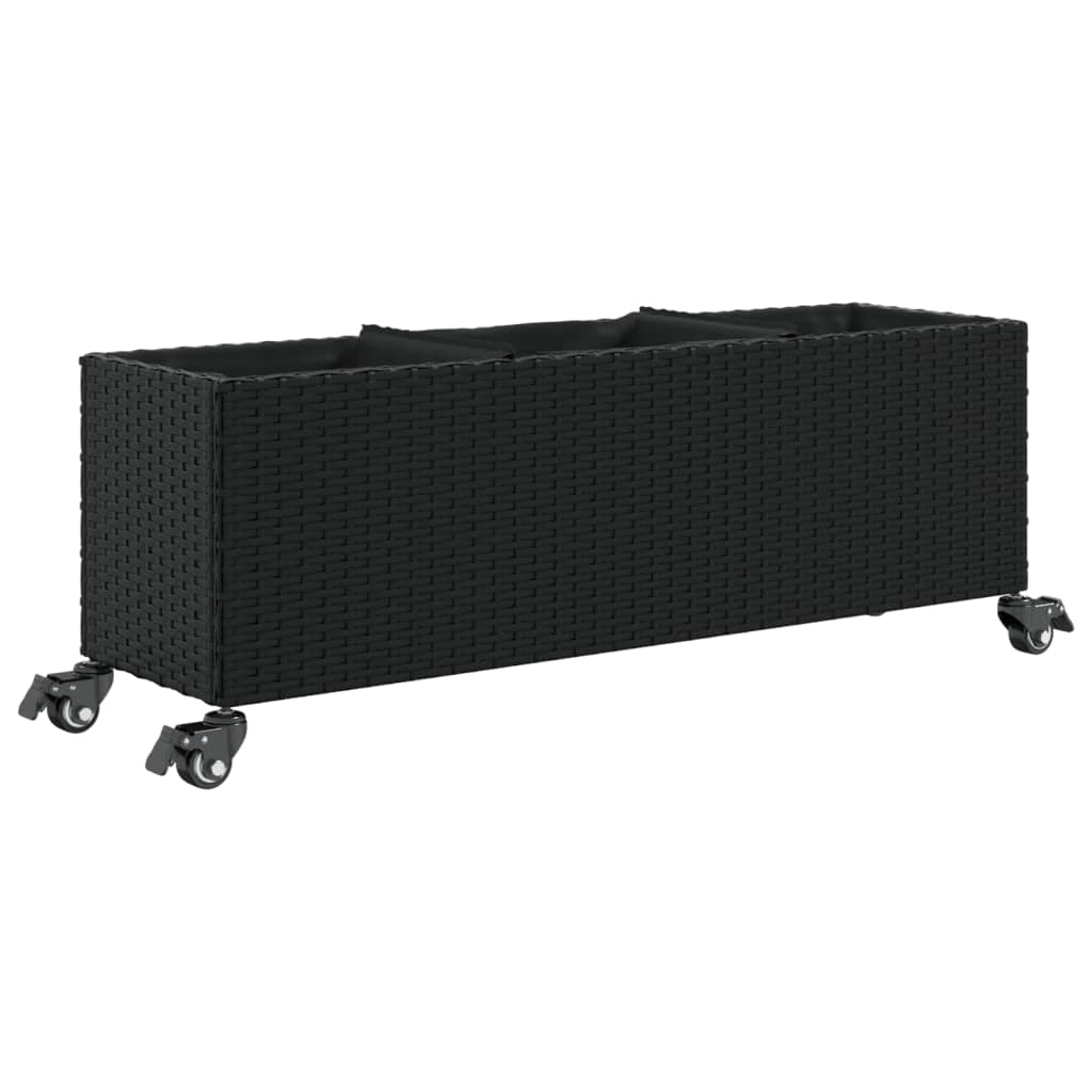 Plantenbakken met wielen 2 st 107x32x38 cm poly rattan zwart