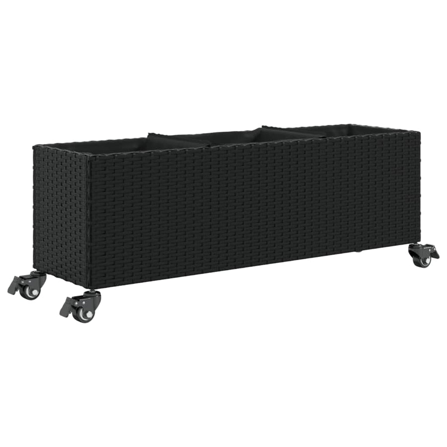 Plantenbakken met wielen 2 st 107x32x38 cm poly rattan zwart