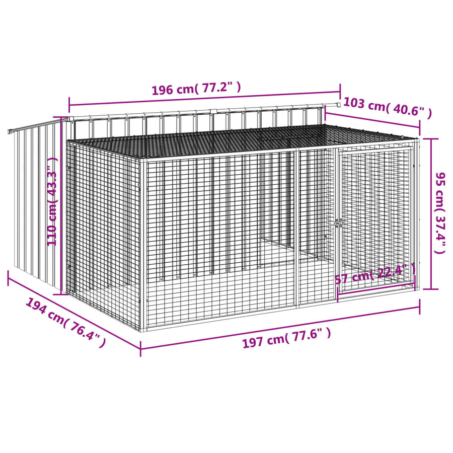 Hondenhok met ren antraciet 197x194x110 cm gegalvaniseerd staal
