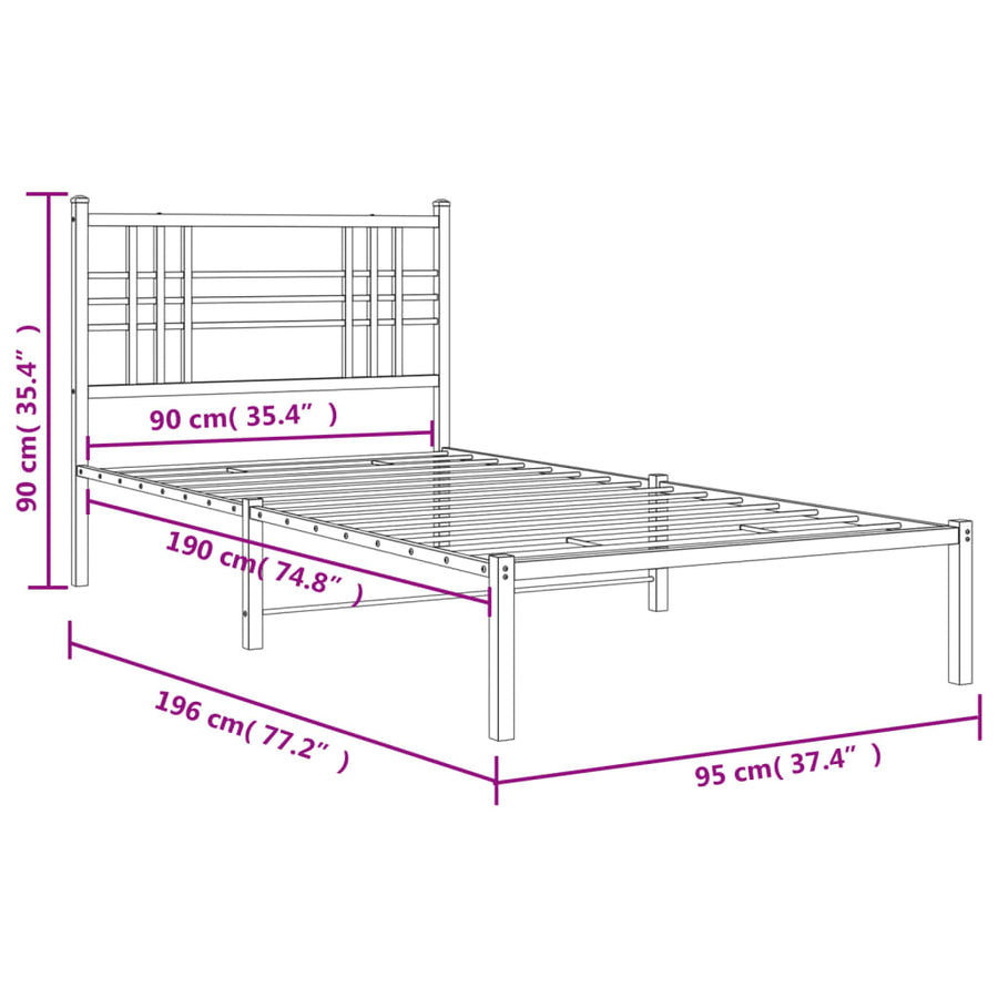 Bedframe met hoofdbord metaal zwart 90x190 cm