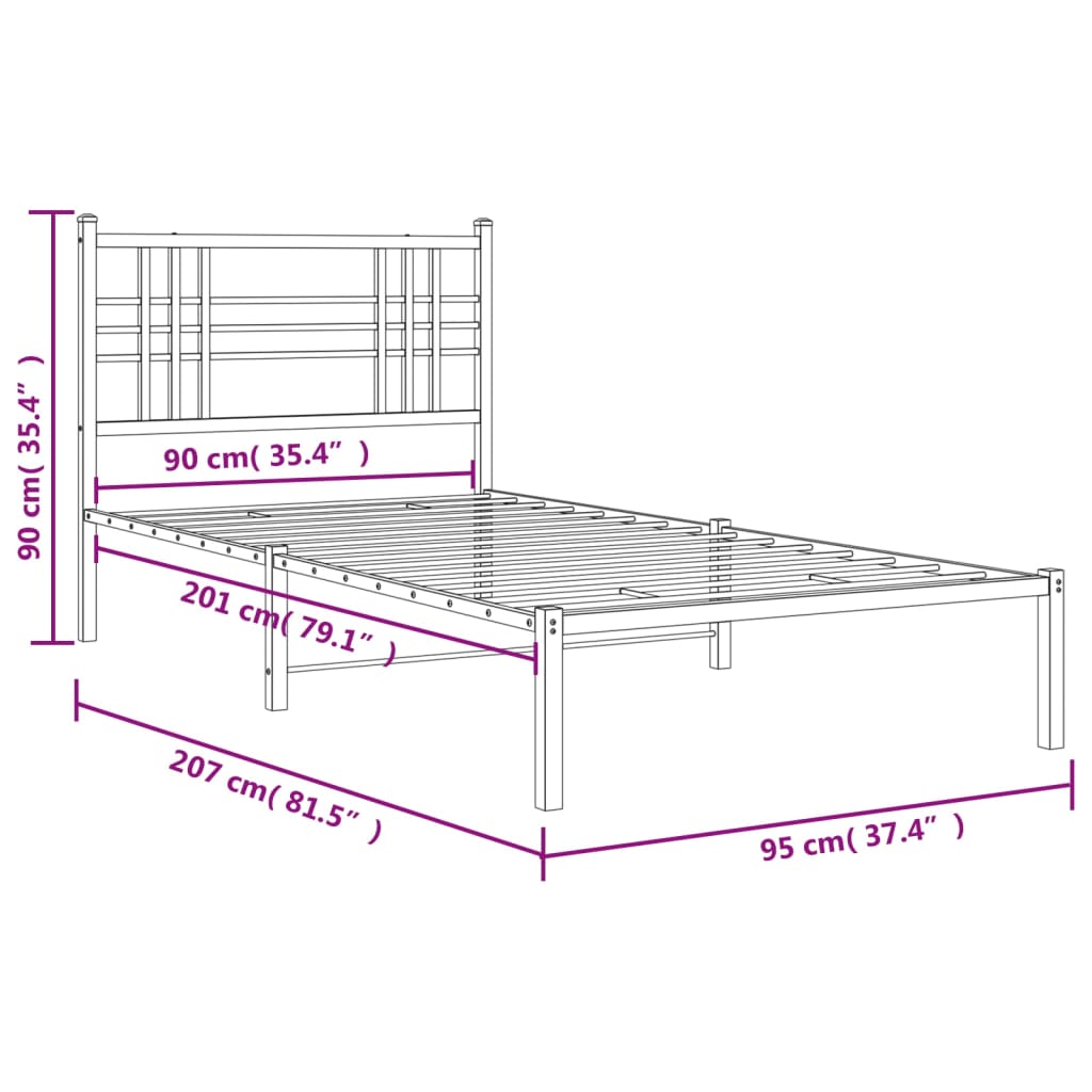 Bedframe met hoofdbord metaal zwart 90x200 cm