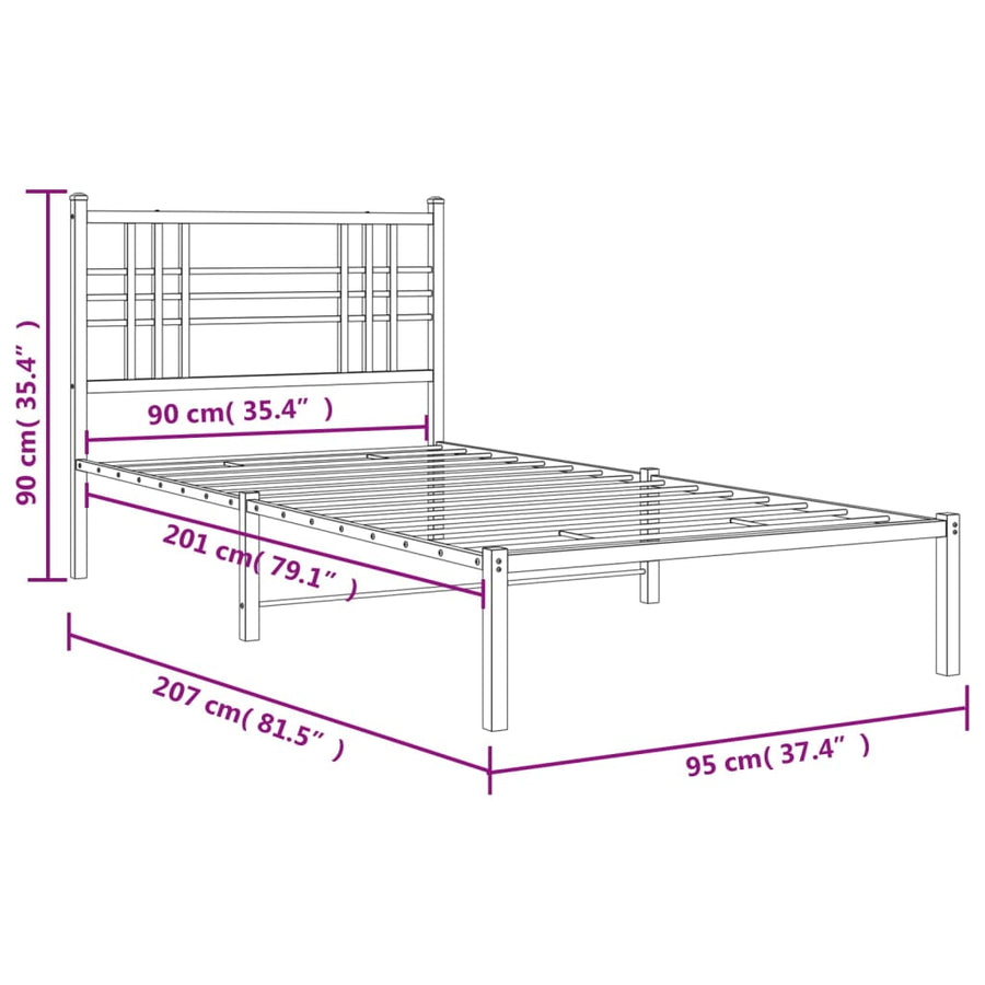 Bedframe met hoofdbord metaal zwart 90x200 cm
