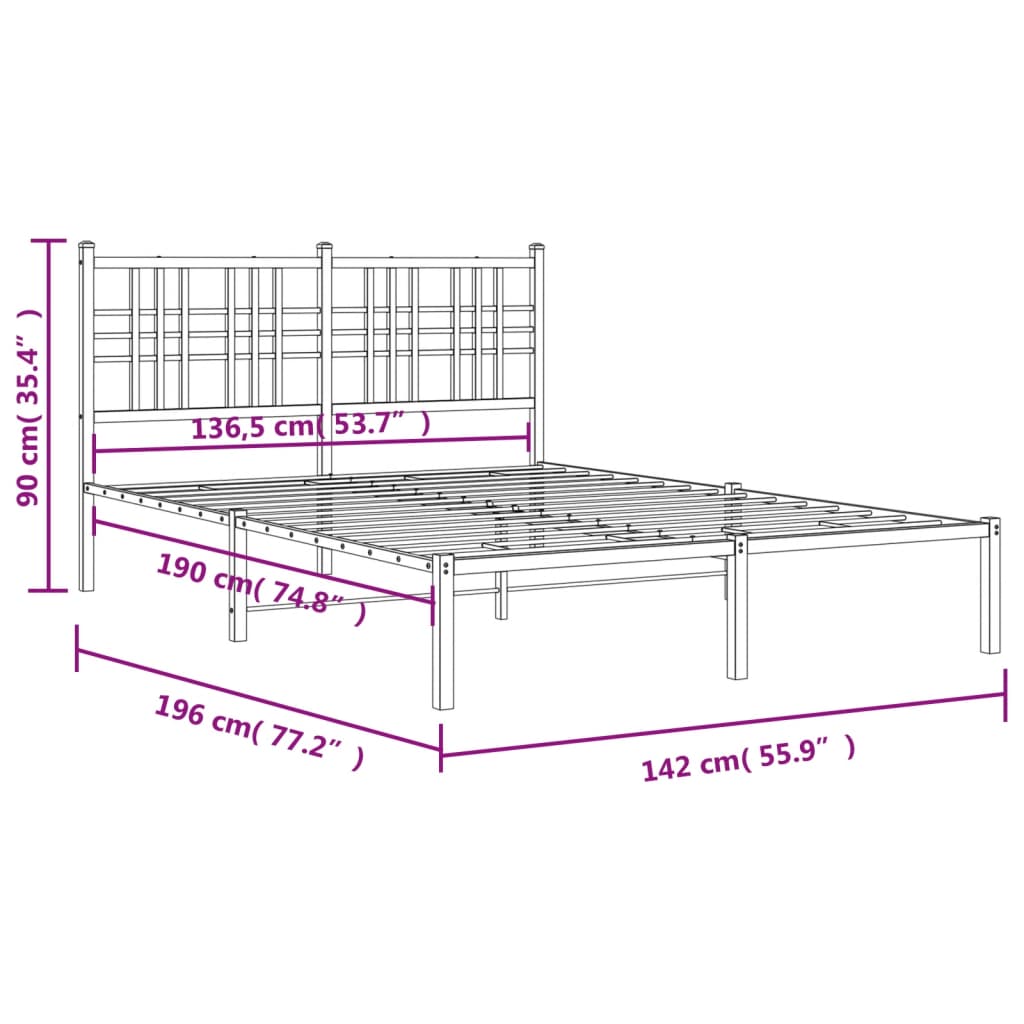 Bedframe met hoofdbord metaal zwart 135x190 cm