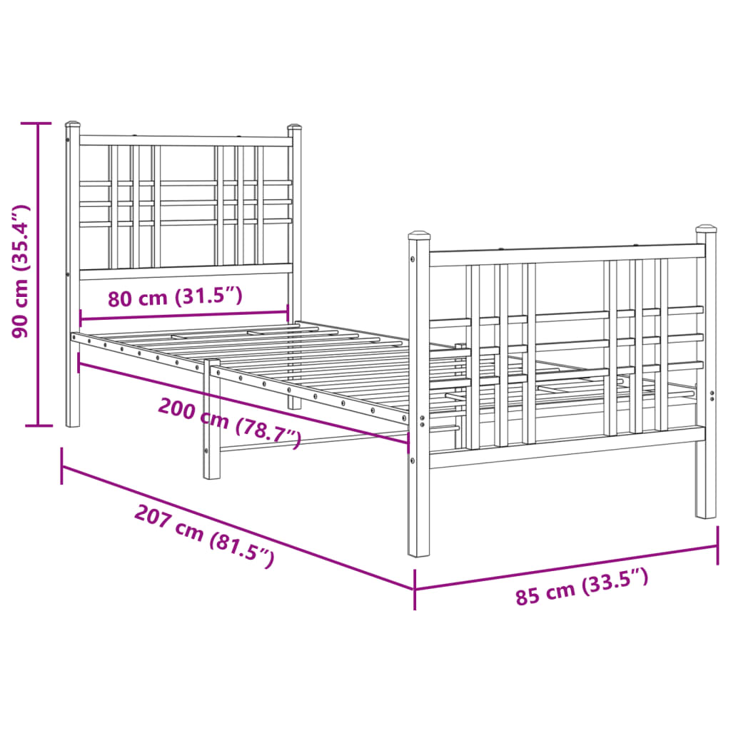 Bedframe met hoofd- en voeteneinde metaal zwart 75x190 cm