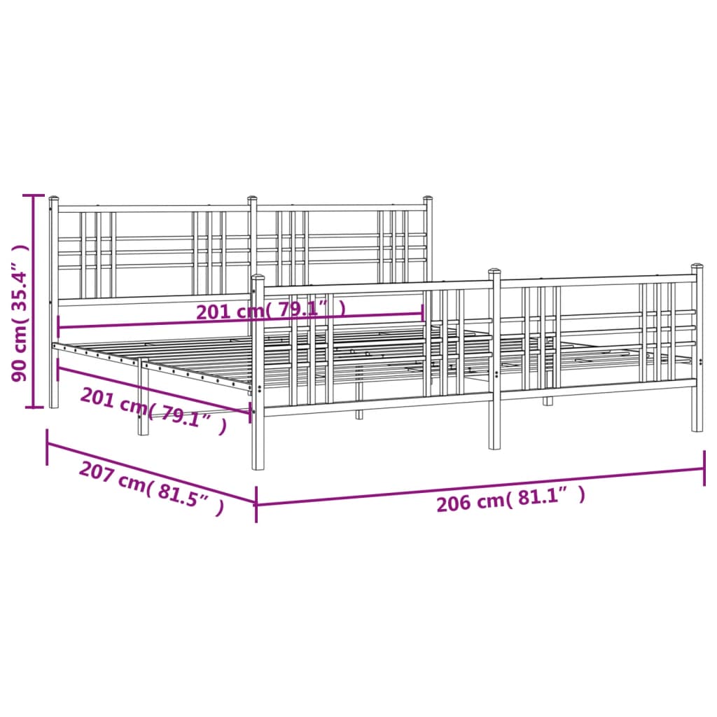 Bedframe met hoofd- en voeteneinde metaal zwart 200x200 cm