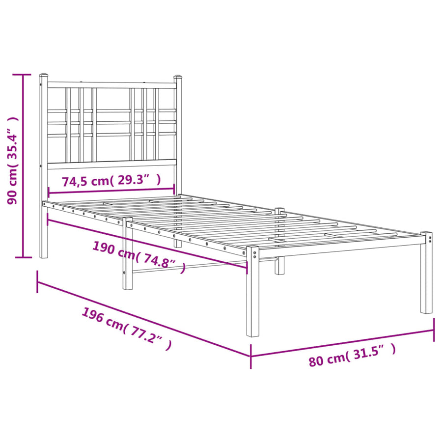 Bedframe met hoofdbord metaal wit 75 x 190 cm