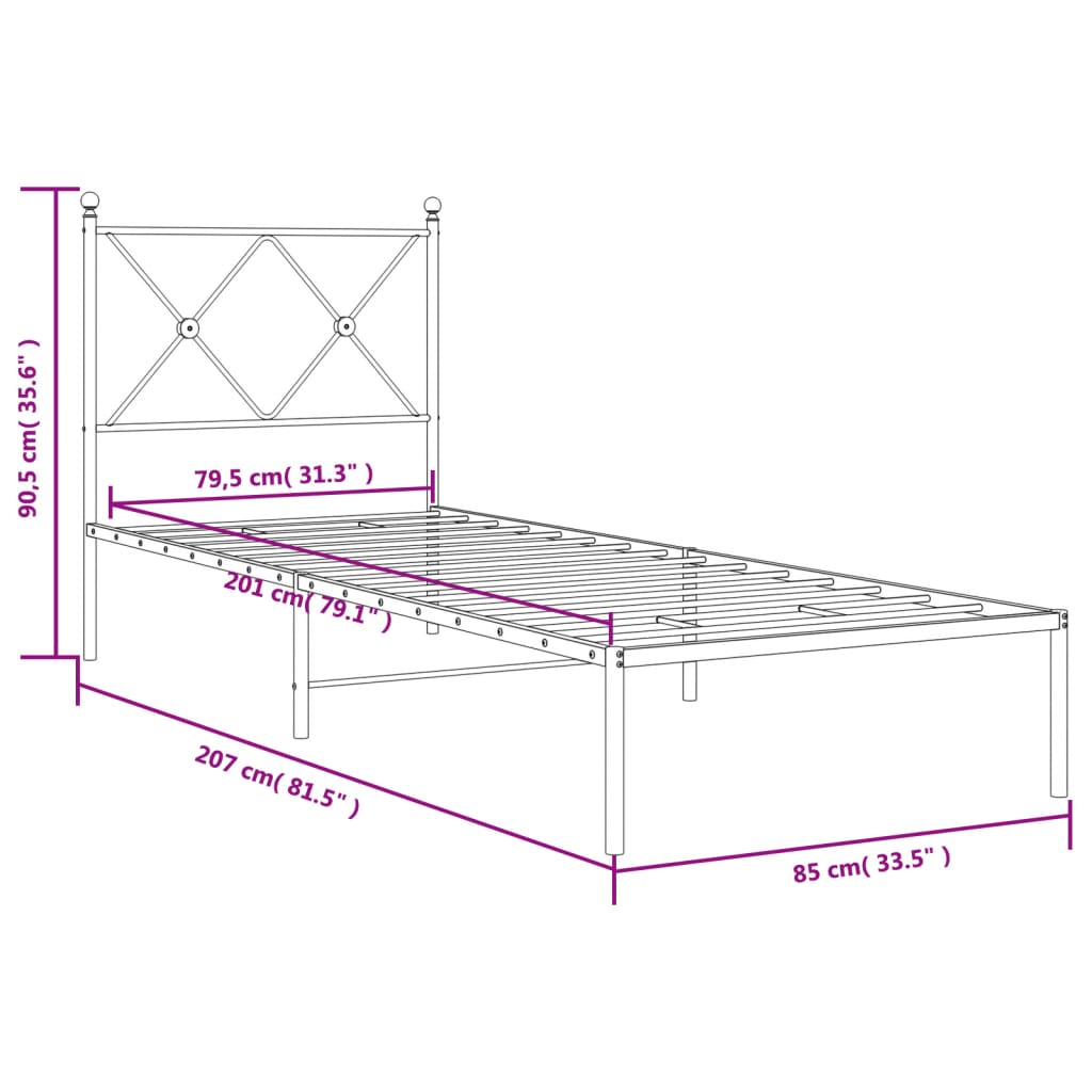 Bedframe met hoofdbord metaal zwart 80x200 cm