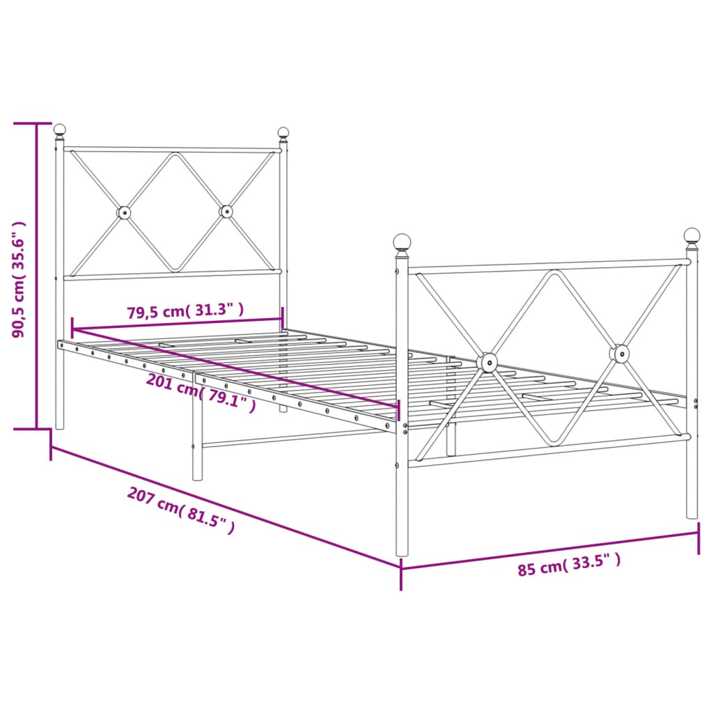 Bedframe met hoofd- en voeteneinde metaal zwart 80x200 cm