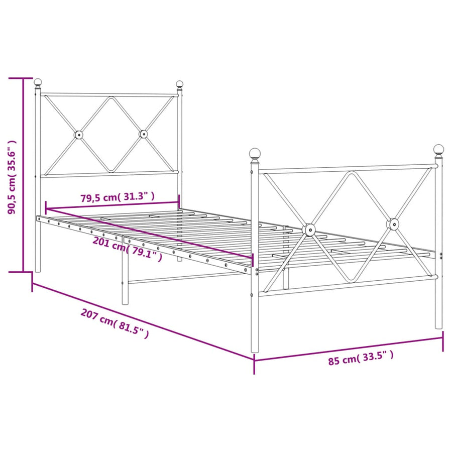 Bedframe met hoofd- en voeteneinde metaal zwart 80x200 cm