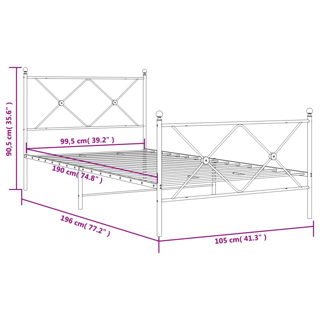 Bedframe met hoofd- en voeteneinde metaal zwart 100x190 cm