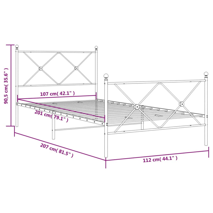 Bedframe met hoofd- en voeteneinde metaal zwart 107x203 cm