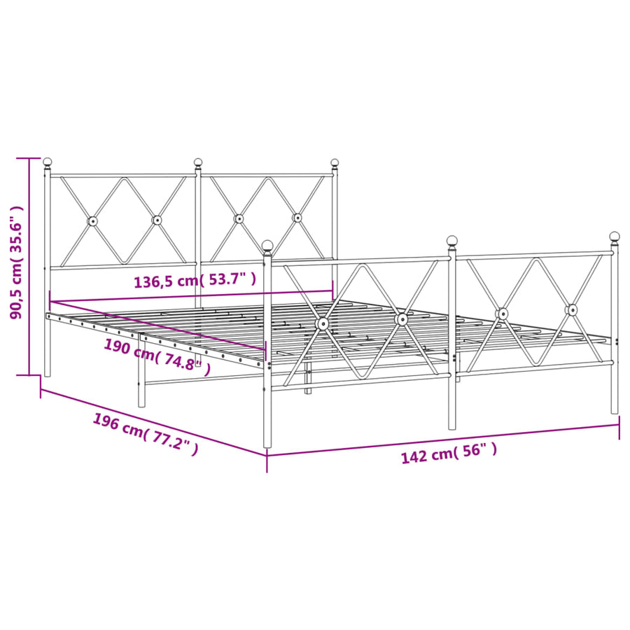 Bedframe met hoofd- en voeteneinde metaal zwart 137x190 cm