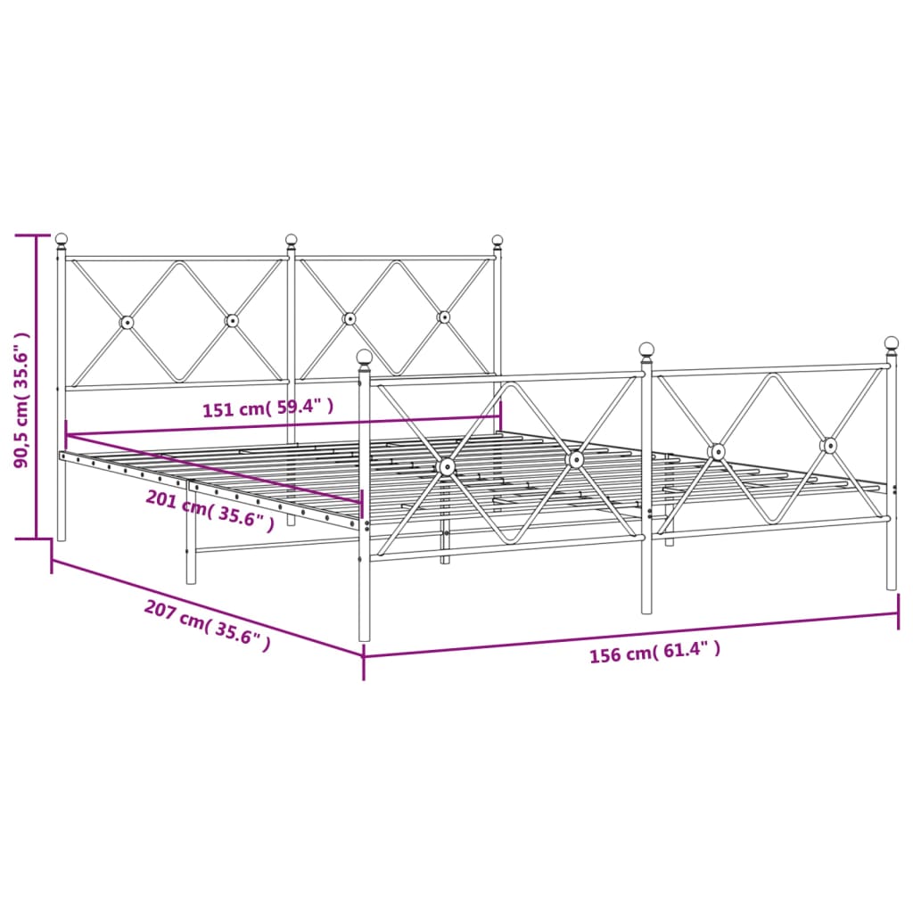 Bedframe met hoofd- en voeteneinde metaal zwart 150x200 cm
