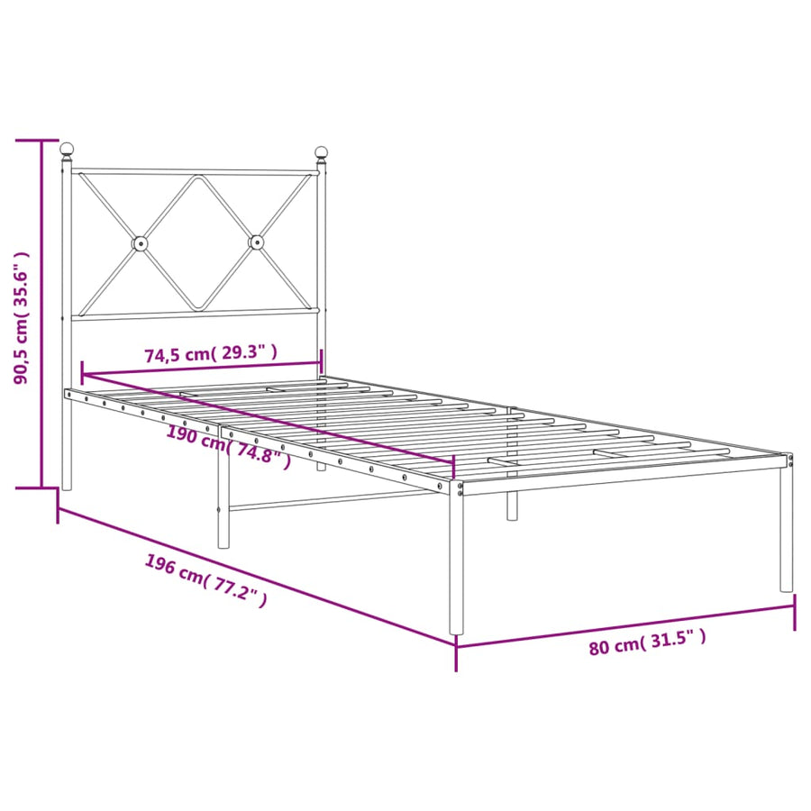 Bedframe met hoofdbord metaal wit 75 x 190 cm