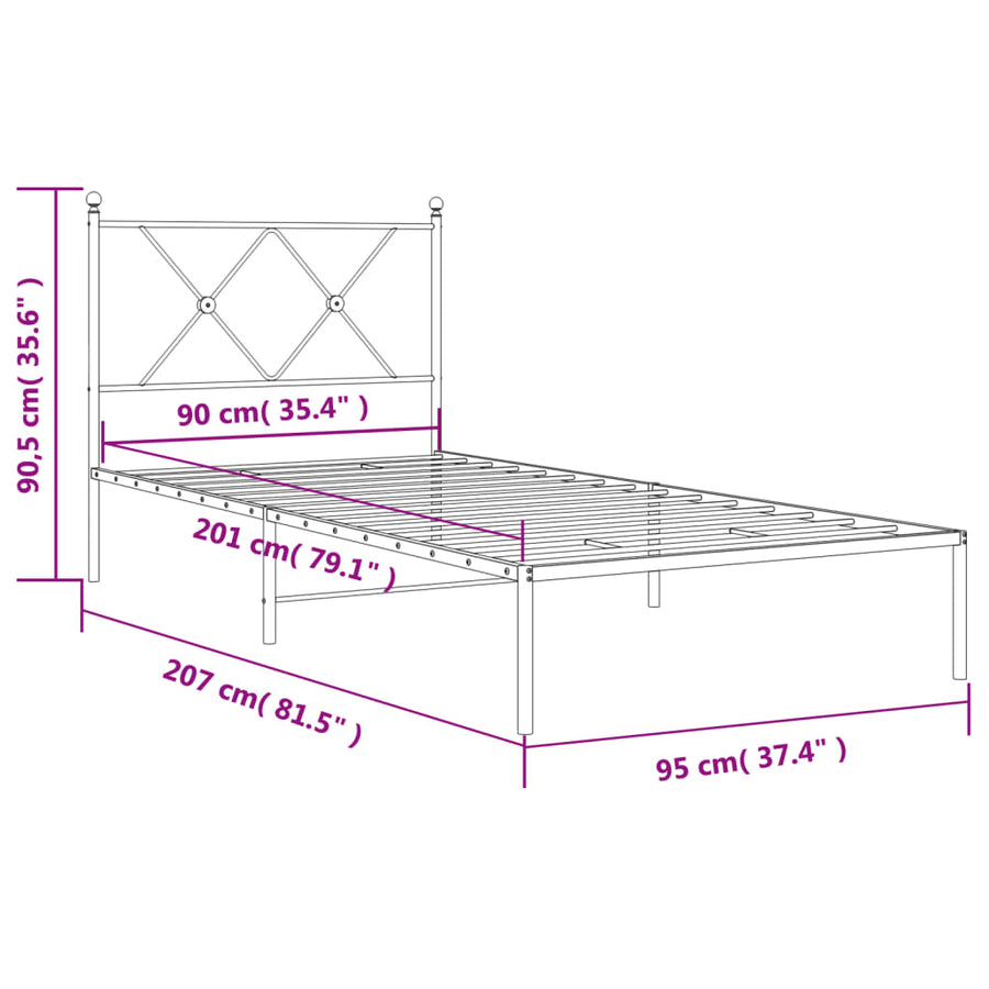 Bedframe met hoofdbord metaal wit 90x200 cm