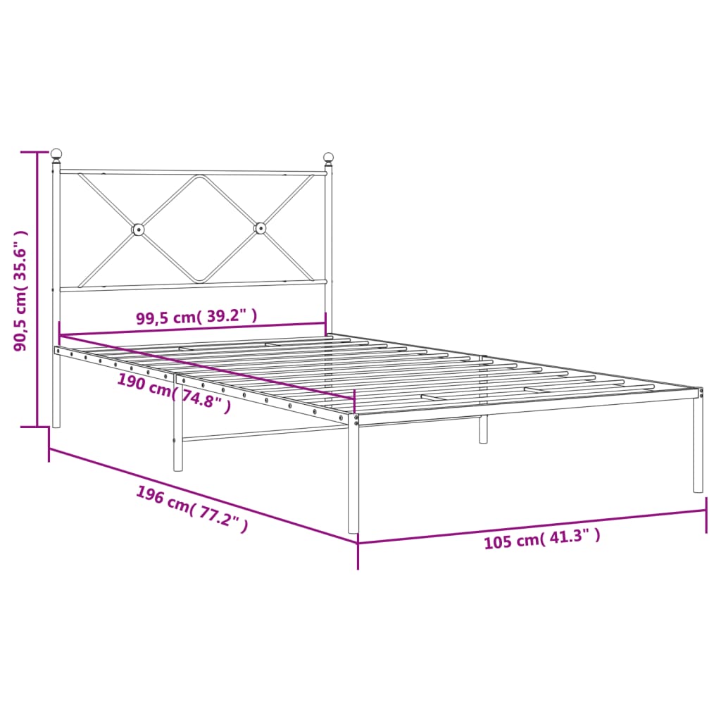 Bedframe met hoofdbord metaal wit 100x190 cm