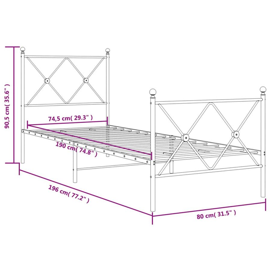 Bedframe met hoofd- en voeteneinde metaal wit 75x190 cm