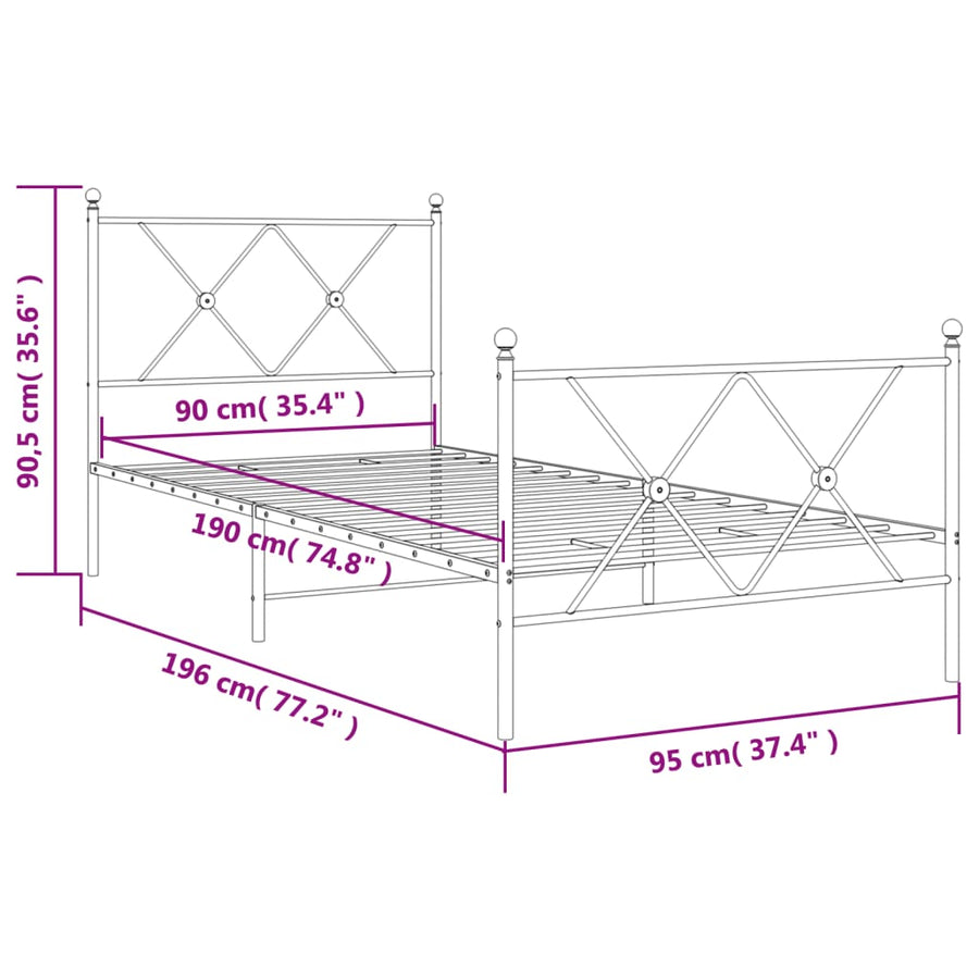 Bedframe met hoofd- en voeteneinde metaal wit 90x190 cm