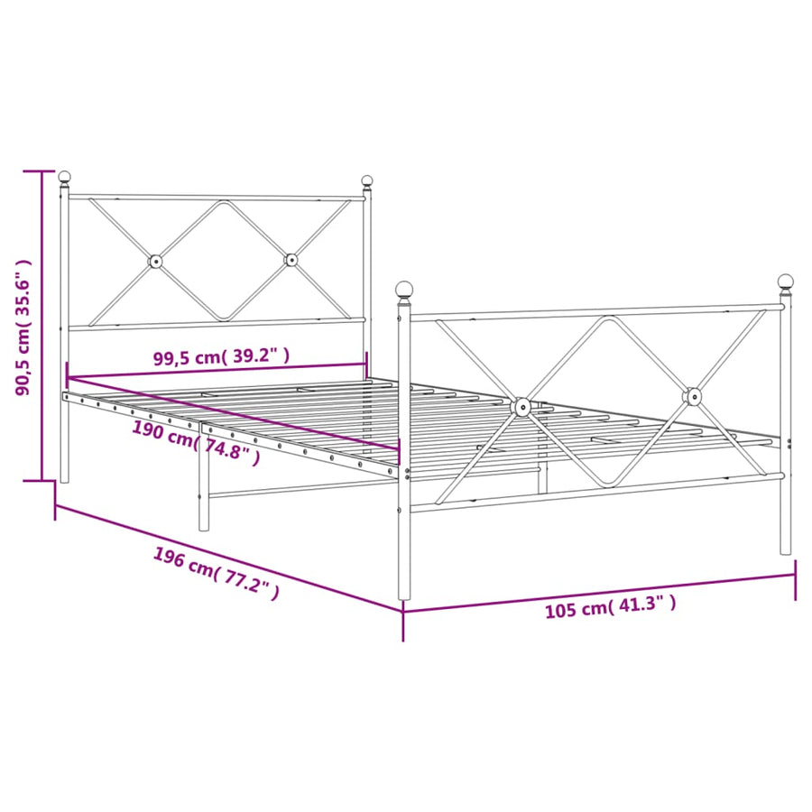 Bedframe met hoofd- en voeteneinde metaal wit 100x190 cm