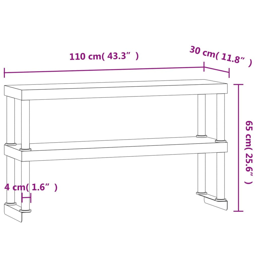 Verhoging Voor Werktafel 2-Laags Roestvrij Staal 110 x 30 x 65 cm