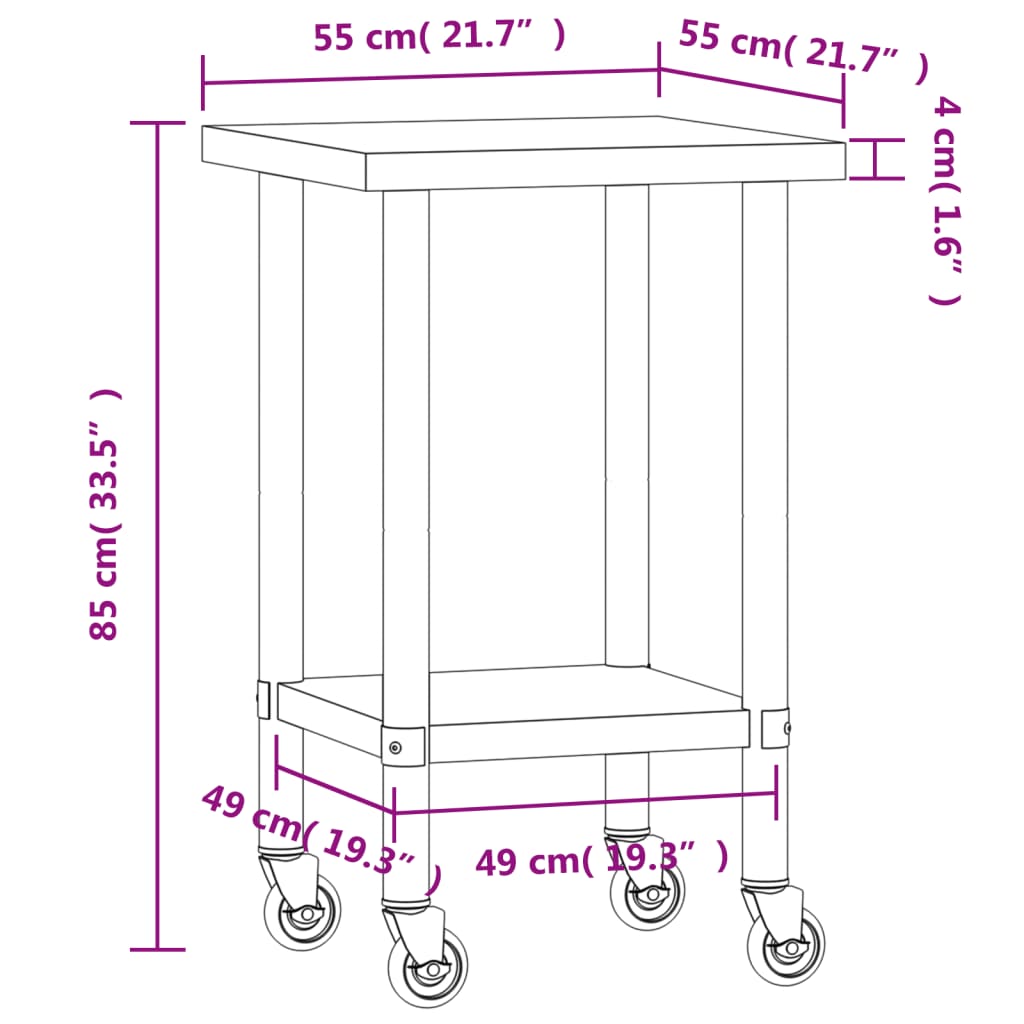 Keukenwerktafel Met Wielen 55X55X85 Cm Roestvrij Staal