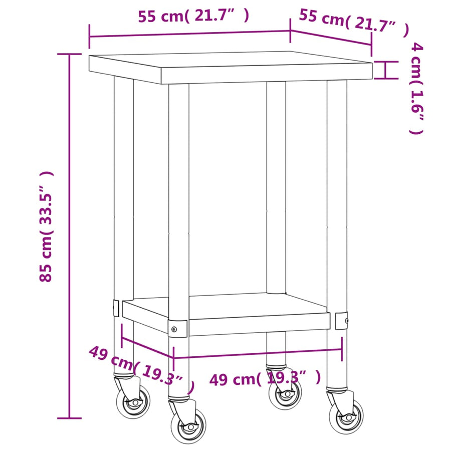 Keukenwerktafel Met Wielen 55X55X85 Cm Roestvrij Staal
