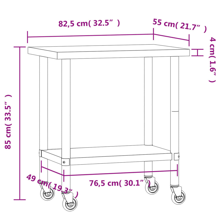Keukenwerktafel Met Wielen 82,5X55X85 Cm Roestvrij Staal