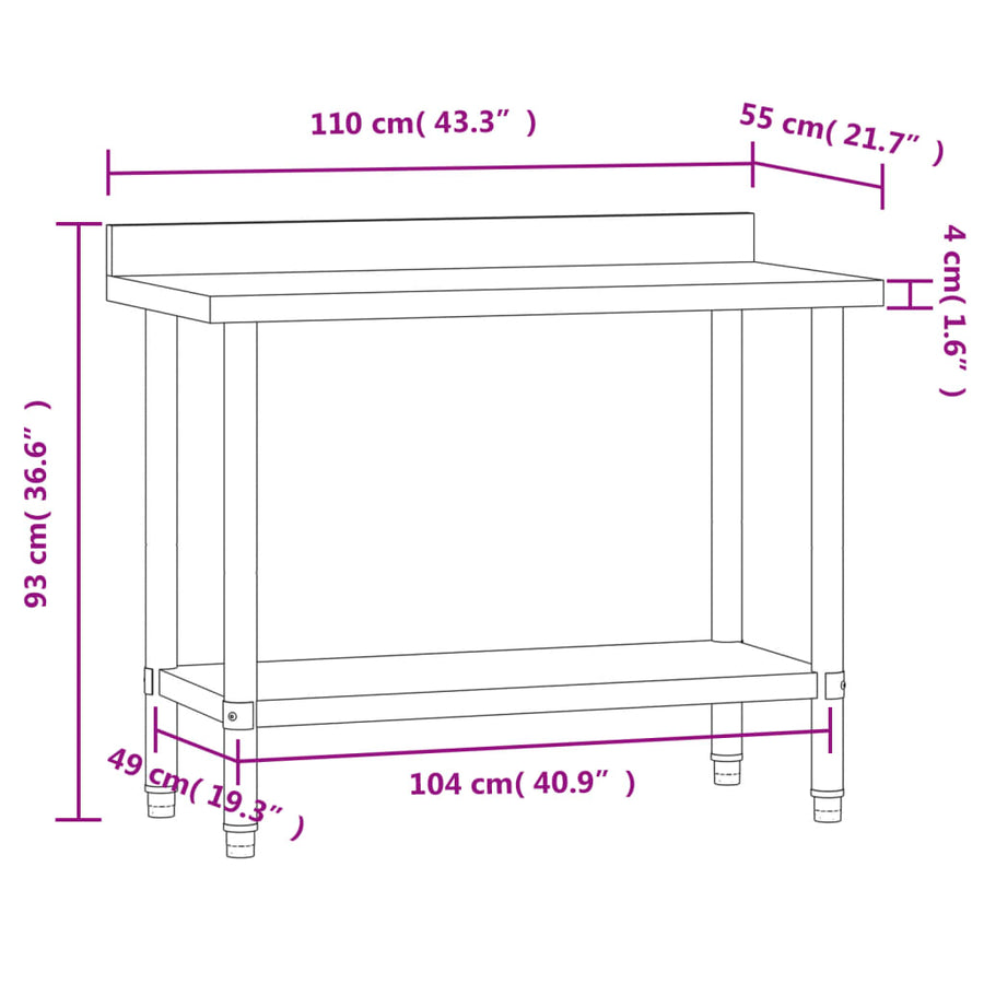 Keukenwerktafel Met Spatscherm 110X55X93 Cm Roestvrij Staal