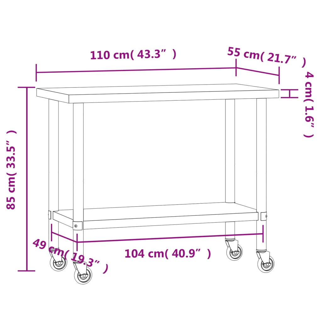 Keukenwerktafel Met Wielen 110X55X85 Cm Roestvrij Staal