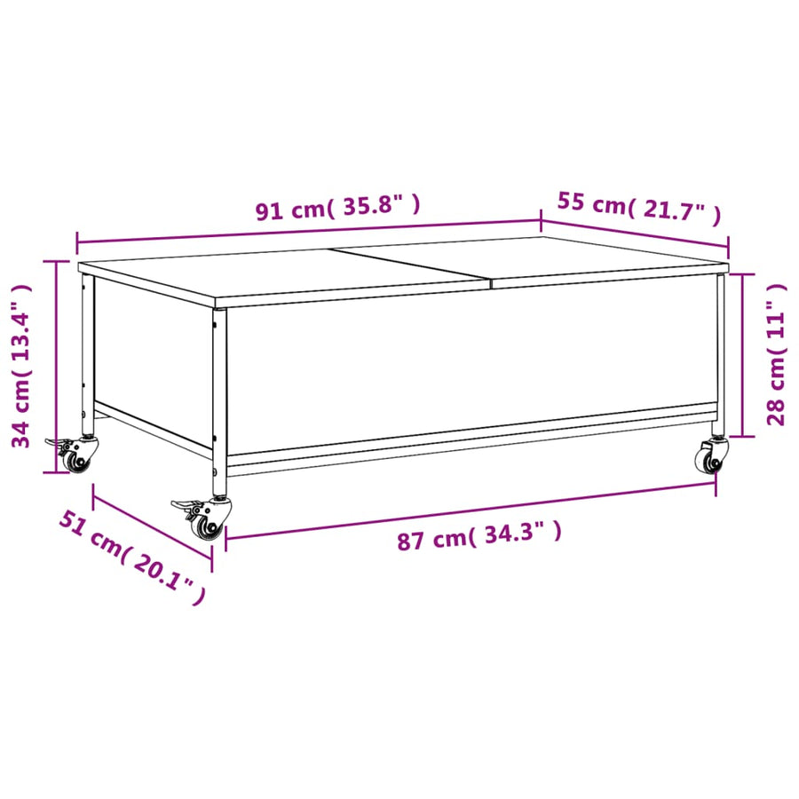 Salontafel met wielen 91x55x34 cm bewerkt hout sonoma eiken