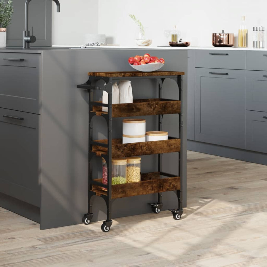 Keukentrolley 53X20X76 Cm Bewerkt Hout Gerookt Eikenkleurig