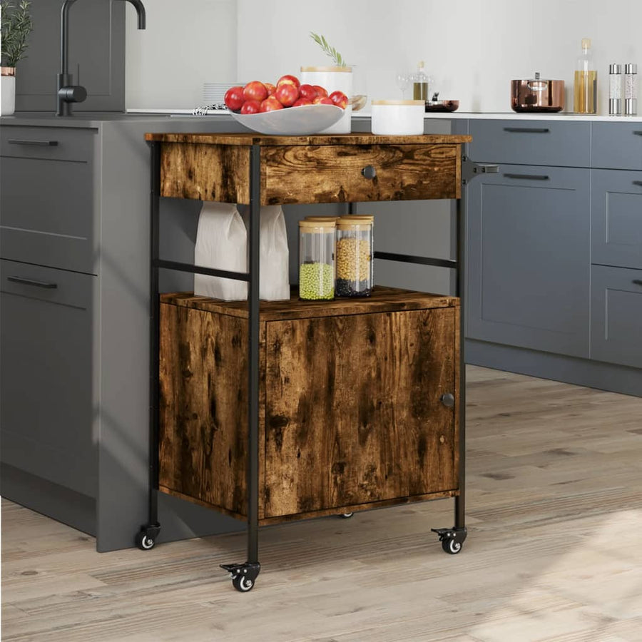 Keukentrolley 56X43X89,5 Cm Bewerkt Hout Gerookt Eikenkleurig