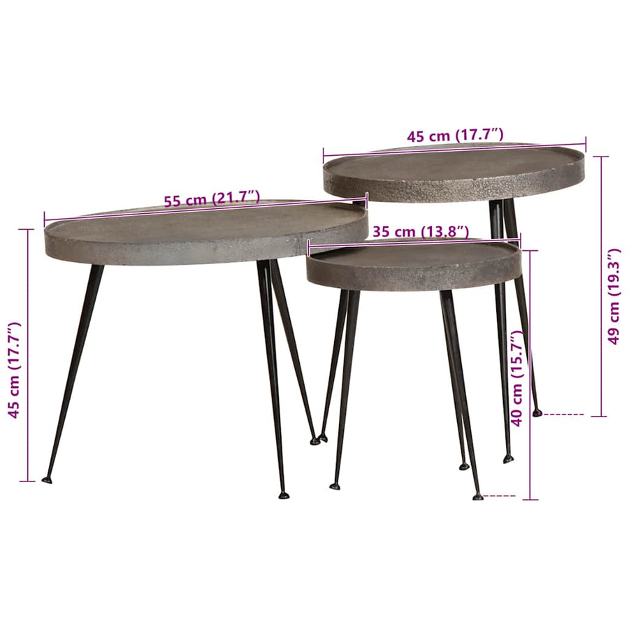 Salontafel 3 stuks zilverkleurig bewerkt hout