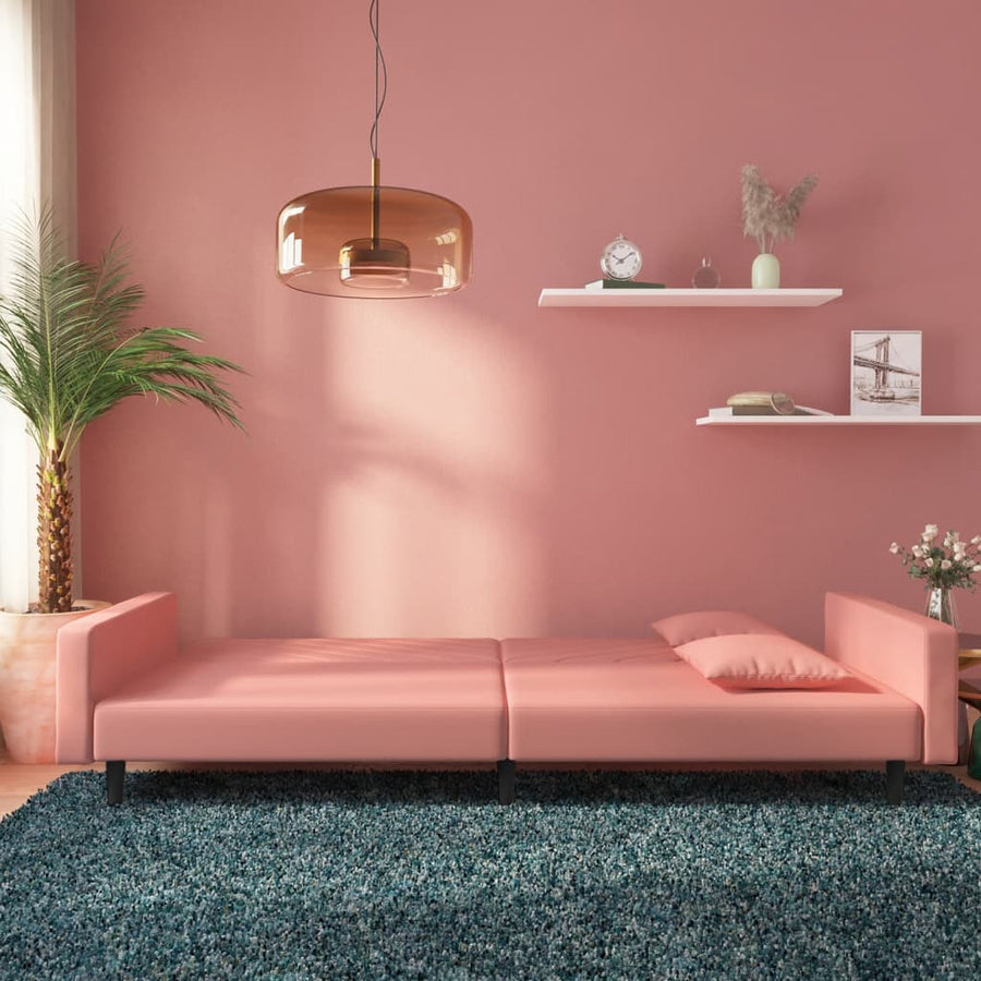 Slaapbank 2-Zits Met 2 Kussens Fluweel Roze Met armleuning
