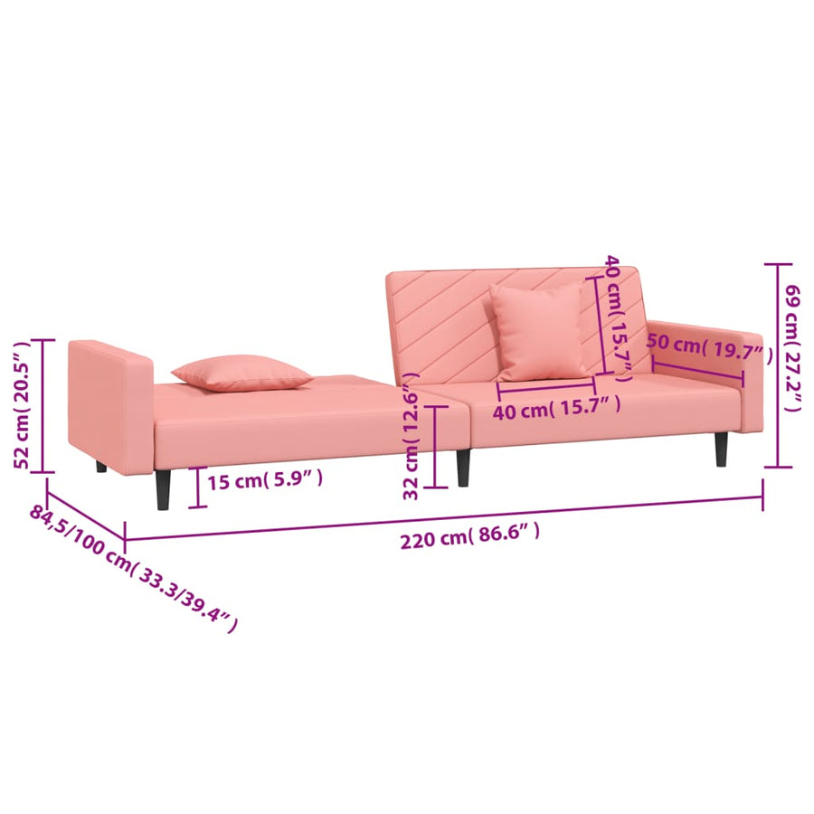 Slaapbank 2-Zits Met 2 Kussens Fluweel Roze Met armleuning
