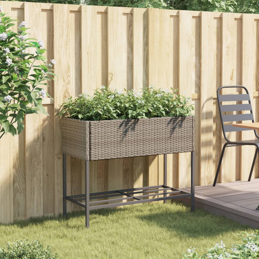 Plantenbak met schap poly rattan grijs