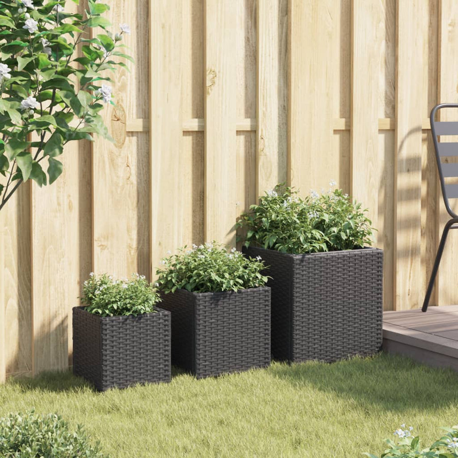 Plantenbakken 3 st poly rattan zwart