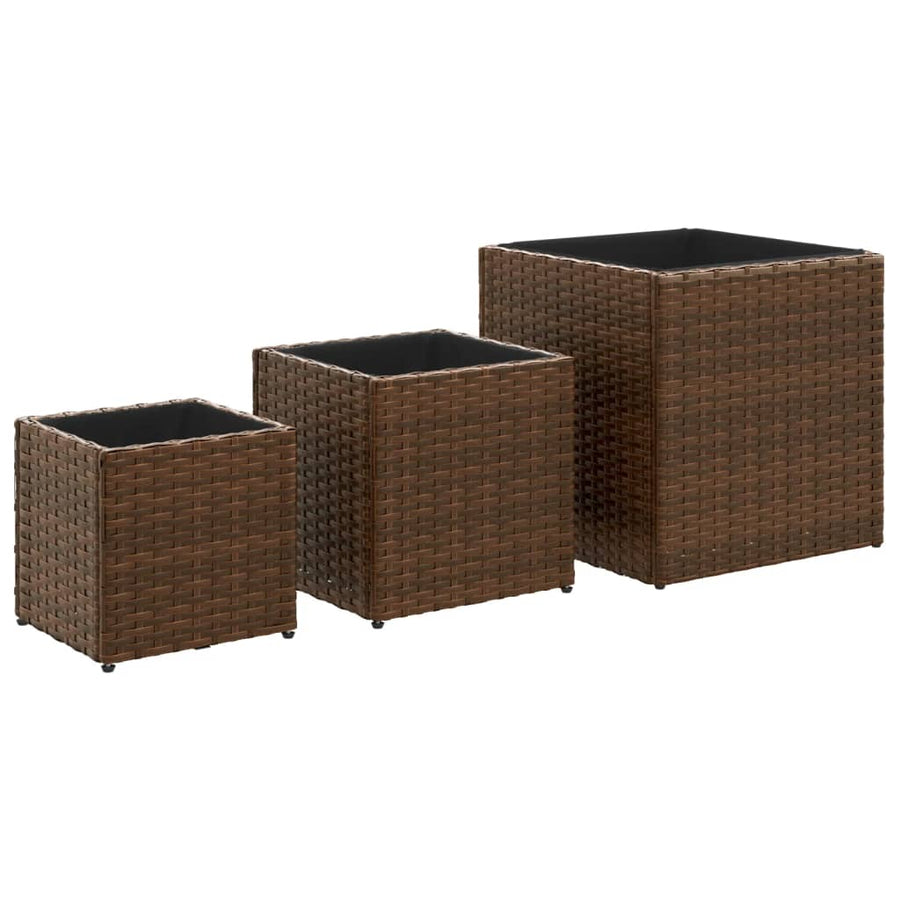 Plantenbakken 3 st poly rattan bruin